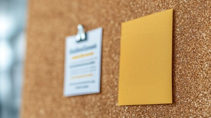 A close-up view of a cork bulletin board featuring a blank yellow sticky note and a printed notice, providing an organized and creative workspace for important reminders