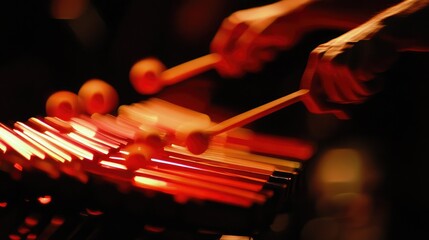 Dynamic Close-Up of Hands Playing Vibrant Xylophone Under Dramatic Lighting, Capturing the Energy and Rhythm of Musical Performance in a Dark Setting