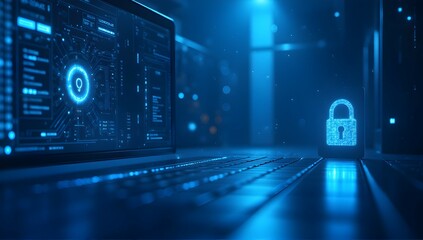 Digital Fortress: A glowing blue padlock symbolizes impenetrable cybersecurity on a laptop screen, showcasing advanced data protection.
