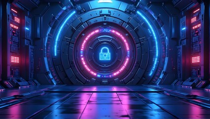 Neon-lit futuristic security gate. A glowing padlock symbol at the center, surrounded by digital codes and vibrant hues. Access granted?