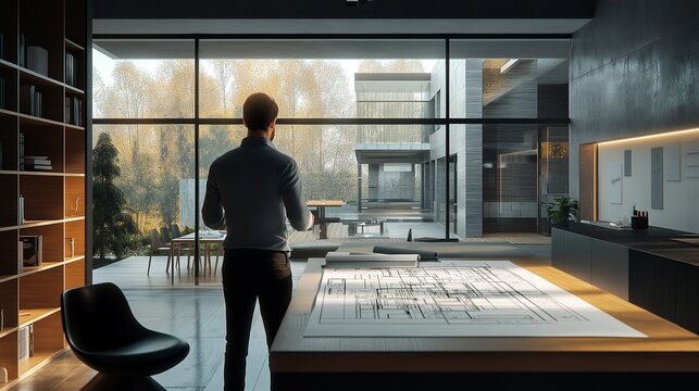 modern architect presenting blueprints in a stylish office.