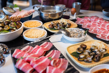 Delicious raw seafood and meat for hotpot