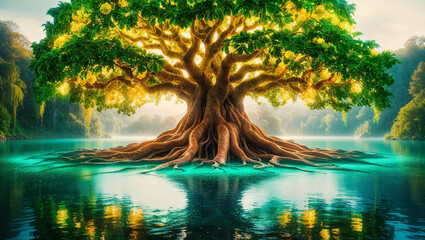 a mystical, dreamlike photograph capturing a majestic tree with radiant, glowing emerald green leaves that seem to pulse with an otherworldly energy, its branches heavy with luscious, golden fruit, it