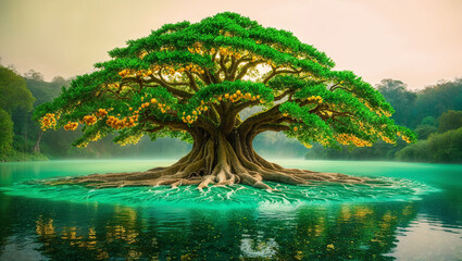 a mystical, dreamlike photograph capturing a majestic tree with radiant, glowing emerald green leaves that seem to pulse with an otherworldly energy, its branches heavy with luscious, golden fruit, it
