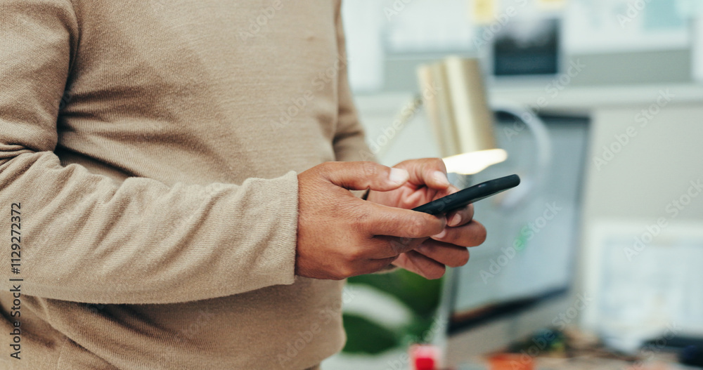 Poster Business, hands and typing with phone in office for text message, email response or online networking. Employee, person and smartphone on work break with social media scroll or checking notifications