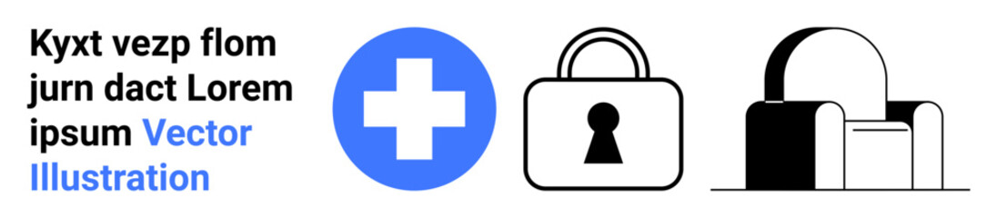 Blue cross symbol, simple padlock, and black padlock with white shackle. Ideal for healthcare, security, safety, medical services, data protection hospital signage and website design. Landing page