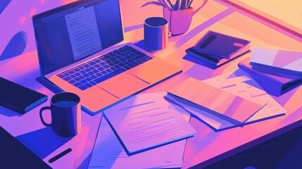 A vibrant, modern workspace featuring a laptop, coffee mugs, and scattered papers, illuminated by warm, colorful lighting.