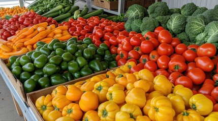 Fresh and Colorful Display of Farm Vegetables at a Local Market, Featuring Vibrant Green, Yellow, Red, and Orange Produce with an Array of Shapes and Textures