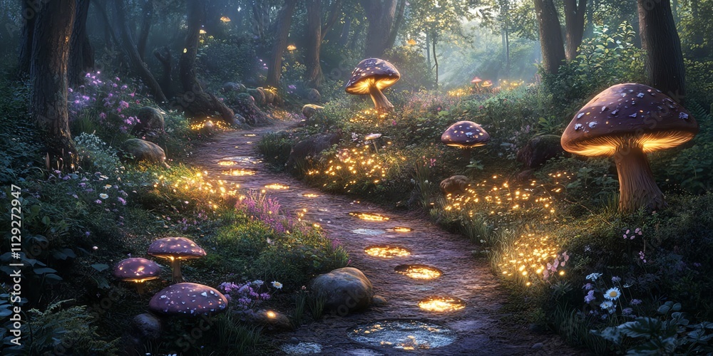 Poster a mystical forest path illuminated by glowing mushrooms and flowers.