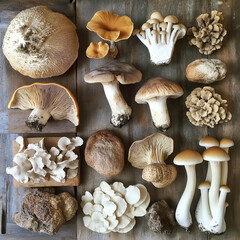 Overhead view of different varieties of mushroom and fungi illustration. Mushrooms Supplements and Healthy Mixes