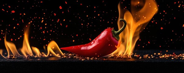Red hot pepper surrounded by flames vibrant and dramatic depiction of spiciness heat and culinary intensity