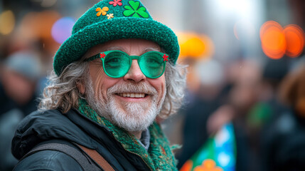 A joyful participant dressed in festive green attire enjoys the St. Patrick's Day celebration in Ireland, surrounded by a lively crowd and colorful decorations