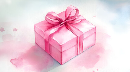 Watercolor pink gift box with pink ribbons bow. Realistic hand drawn watercolor illustration on white background. Art for design