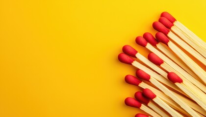 Naklejka premium Scattered wooden matches with red tips on a vibrant yellow background evoking themes of energy potential and creativity