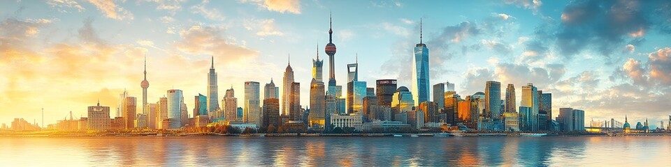 Fototapeta premium Panoramic city skyline at sunrise with reflections
