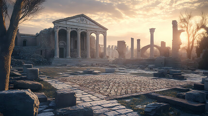 Fototapeta premium Echoes of time: 3d render of crumbling roman basilica ruins with intricate mosaics in soft morning light. Basilica. Illustration