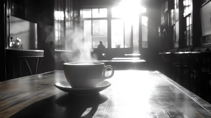 A cup of coffee sits on a table in a cafe