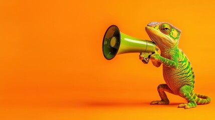 Vibrant chameleon holding a megaphone on an orange background playful concept for bold announcements and creative messages