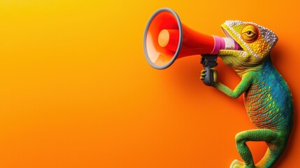 Vibrant chameleon holding a megaphone on an orange background playful concept for bold announcements and creative messages