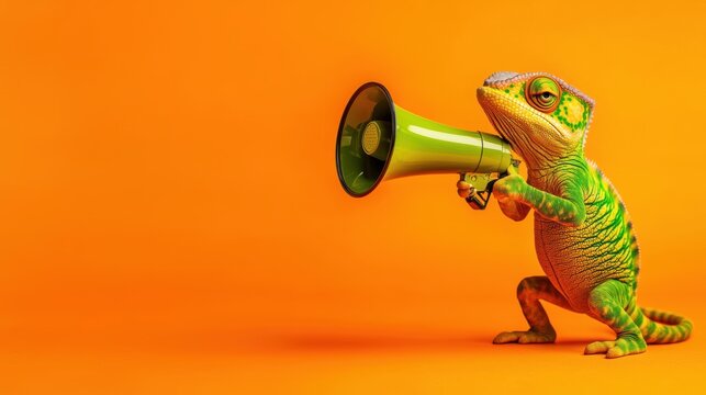 Vibrant chameleon holding a megaphone on an orange background playful concept for bold announcements and creative messages