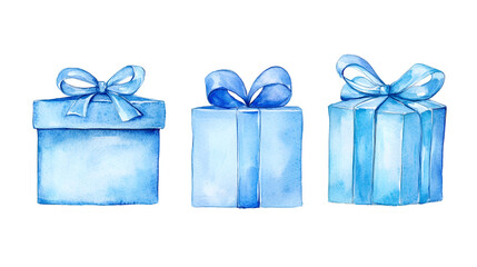 Set watercolor illustration of blue gift boxes with ribbon bow, hand drawn isolated on a white background