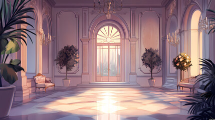 Grandiose mansion foyer featuring elegant seating and artistic architectural details. Basilica. Illustration