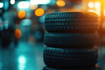 Stack of Tires in a Busy Auto Repair Shop