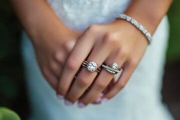 Bride's hands with elegant diamond rings and bracelet