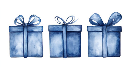 Set watercolor illustration of blue gift boxes with ribbon bow, hand drawn isolated on a white background