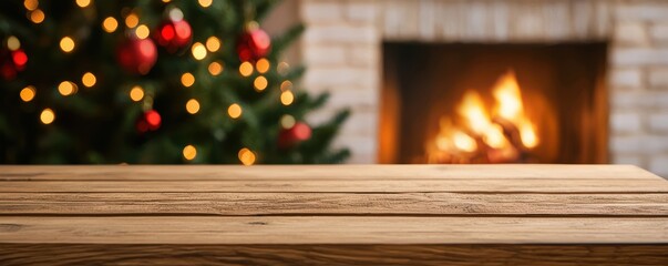Wooden table foreground with a decorated Christmas tree and glowing fireplace in the background for a warm holiday vibe