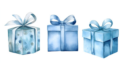 Set watercolor illustration of blue gift boxes with ribbon bow, hand drawn isolated on a white background