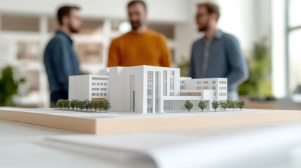 Architectural model of a modern building displayed in an office environment with two blurred professionals discussing project details in the background