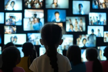 Fototapeta premium Girl watches many screens displaying people.