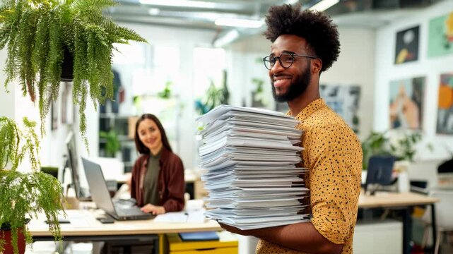 Happy man holding a large pile of documents in a bright, plant-filled modern office with a creative and collaborative atmosphere.