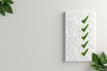 tech product launch, a minimalist artwork showcasing version with green ticks on a white canvas symbolizing a successful launch and new features