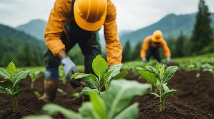 Fototapeta premium A Dedicated Agricultural Worker Tending to Young Tobacco Plants in a Lush Field Surrounded by Scenic Mountains and a Clear Blue Sky