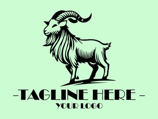 Black goat head profile on light green background. Perfect for farm or Halloween themed designs, logo for a dairy company