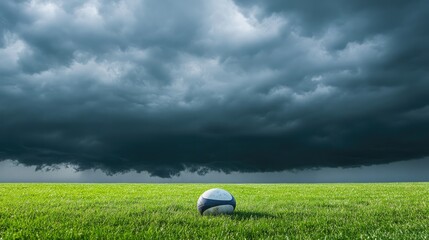 A solitary rugby ball rests on lush green grass under an ominous sky filled with dark, swirling clouds, capturing the essence of sports anticipation and nature's drama.