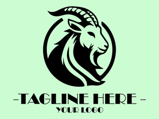 Black goat head profile on light green background. Perfect for farm or Halloween themed designs, logo for a dairy company