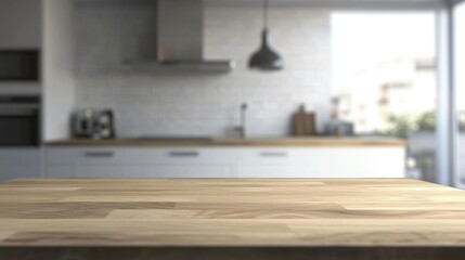 Obraz premium Wooden light empty table top in modern white kitchen, kitchen panel in interior