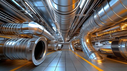 HVAC system concept. A view of a modern industrial facility with extensive piping and metallic structures, showcasing advanced technology.