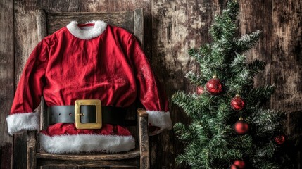Fototapeta premium Cozy Christmas Setting Featuring a Red Santa Suit on a Rustic Chair Beside a Festively Decorated Green Christmas Tree with Red Ornaments