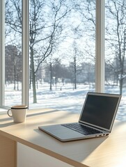A sleek laptop in a modern office with snowy city views, perfect for winter-themed mockups and professional content