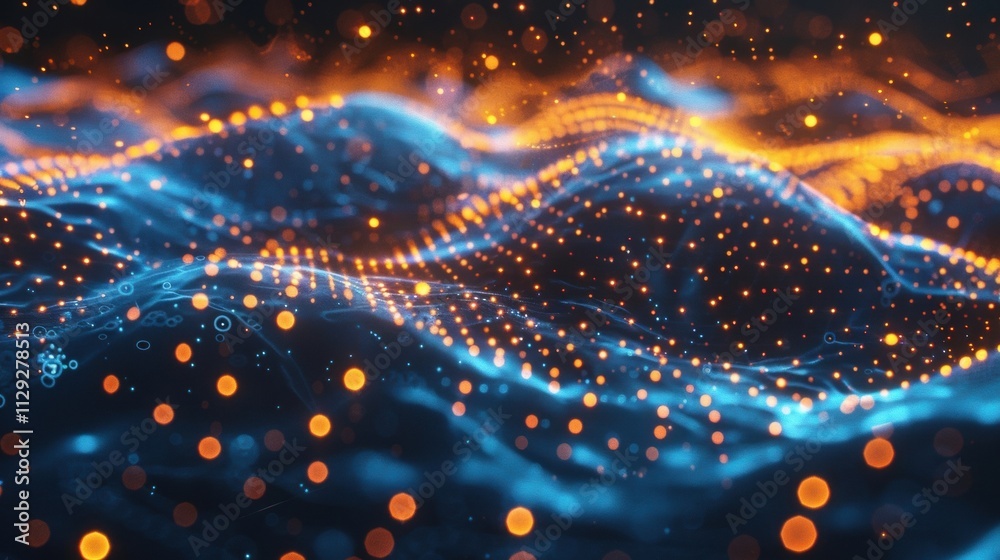Poster abstract digital wave particles flowing in cyberspace with bokeh and light effects, creating a futur