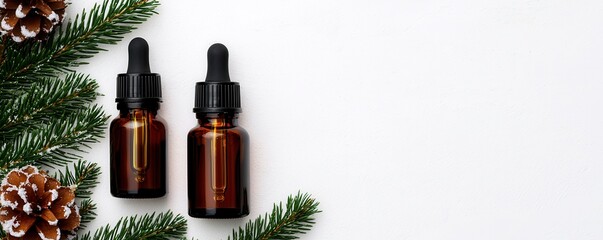 Christmas relax, Two amber glass dropper bottles surrounded by pine branches and pinecones on a white background, suggesting a natural or holiday-themed setting.