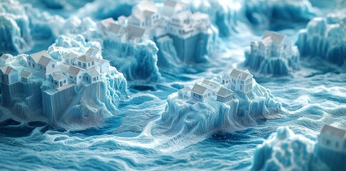 Obraz premium Climate change concept: a 3D render of a rain storm and flood in an urban city.