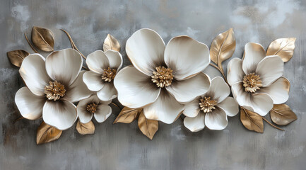 luxurious 3d floral wall decor with beige flowers and gold leaves on textured grey background
