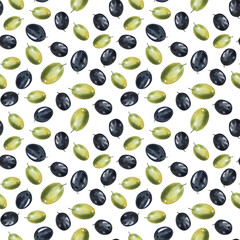 Green and black olive berries,seamless pattern. Hand drawn watercolor illustration. Seamless pattern for design