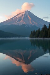 Fototapeta premium Calm waters of a lake near a volcanic mountain in the morning light