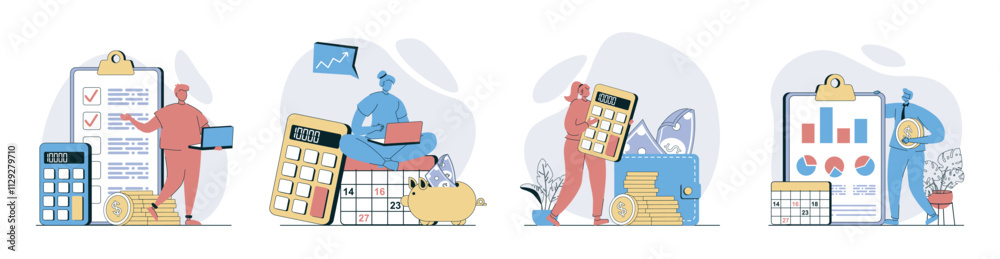 Poster planning financial budget concept set in flat design for web. collection with people analyzing perso